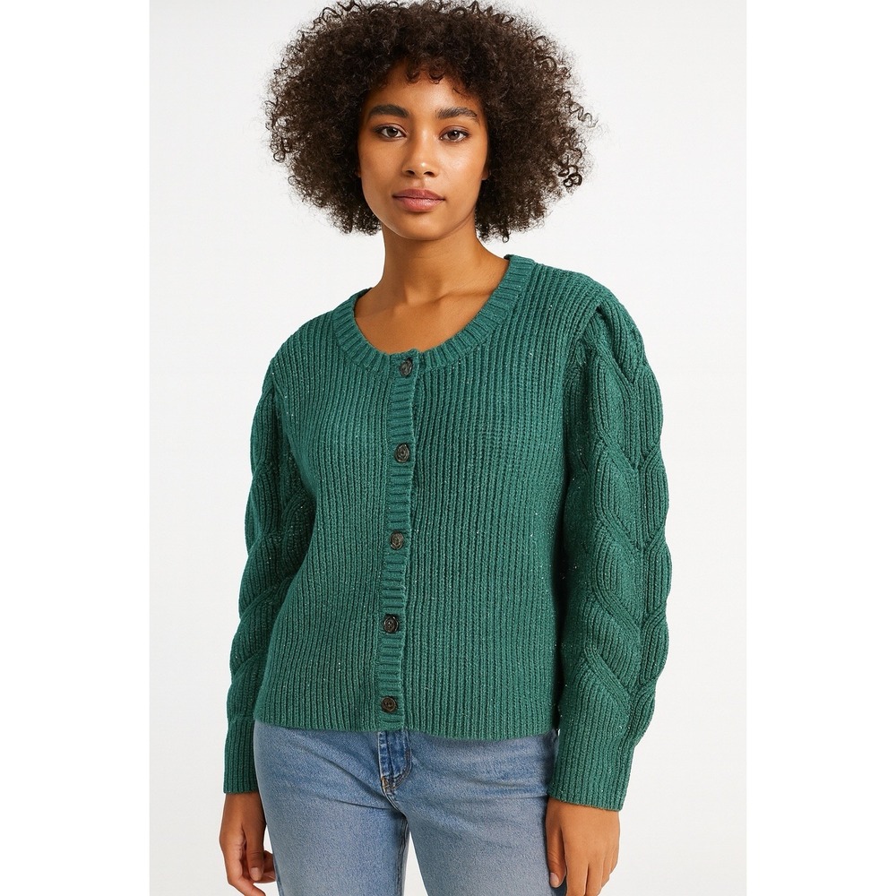 Talbots XL Green Tweed Puff Sleeve Cable Knit‎ Button Cardigan Speckled Sweater